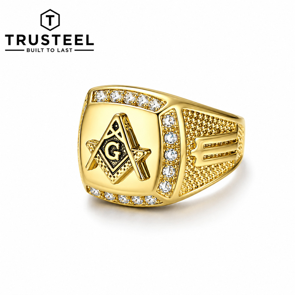 Men’s Gold Stainless Steel Masonic Ring Freemason CZ Signet Ring Size 8
